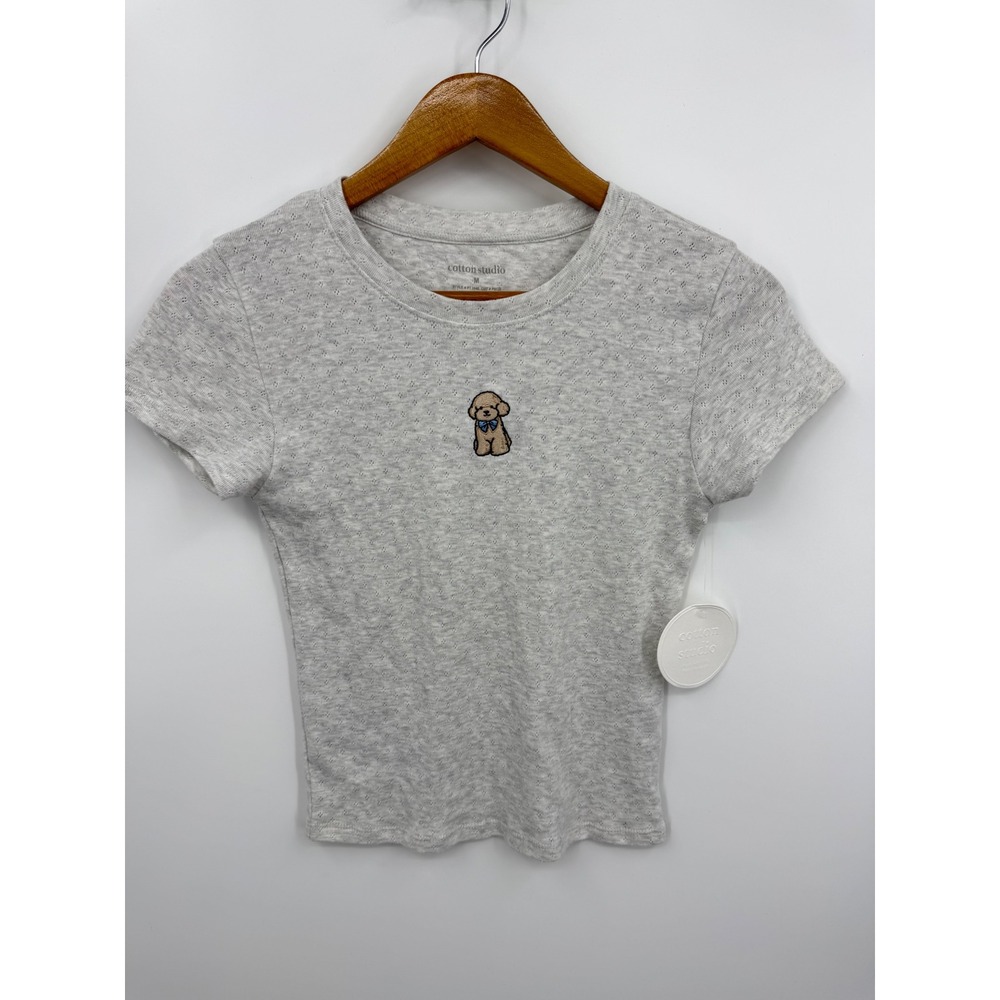 Cotton Studio Pointelle Puppy Embroidered Baby Tee Women M Grey Short Sleeve